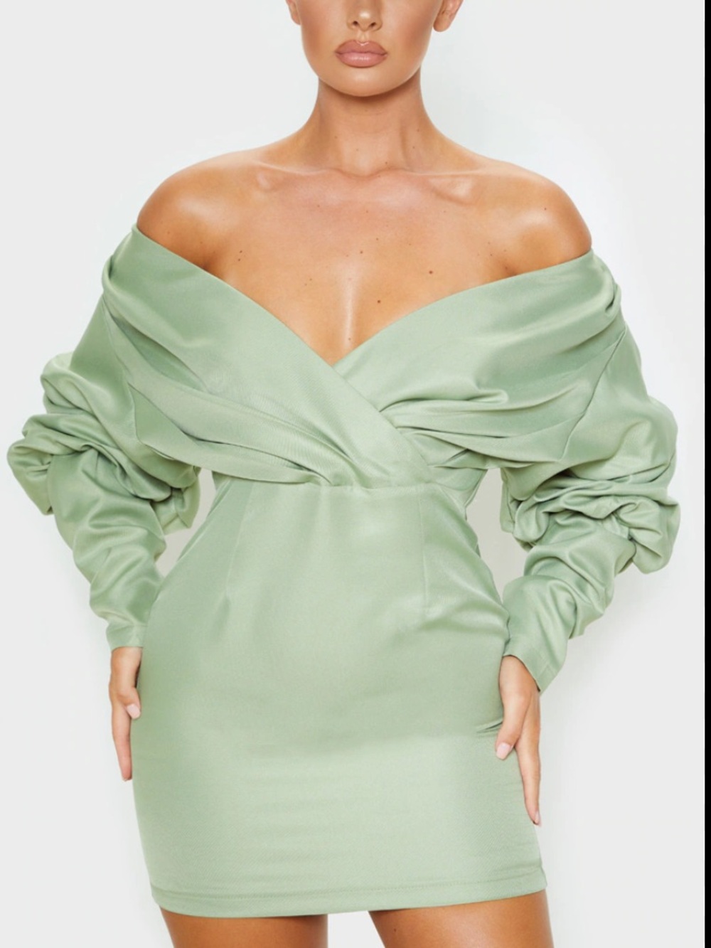 PrettyLittleThing Sage Green One-Shoulder Ruched Sleeve Mini Dress
